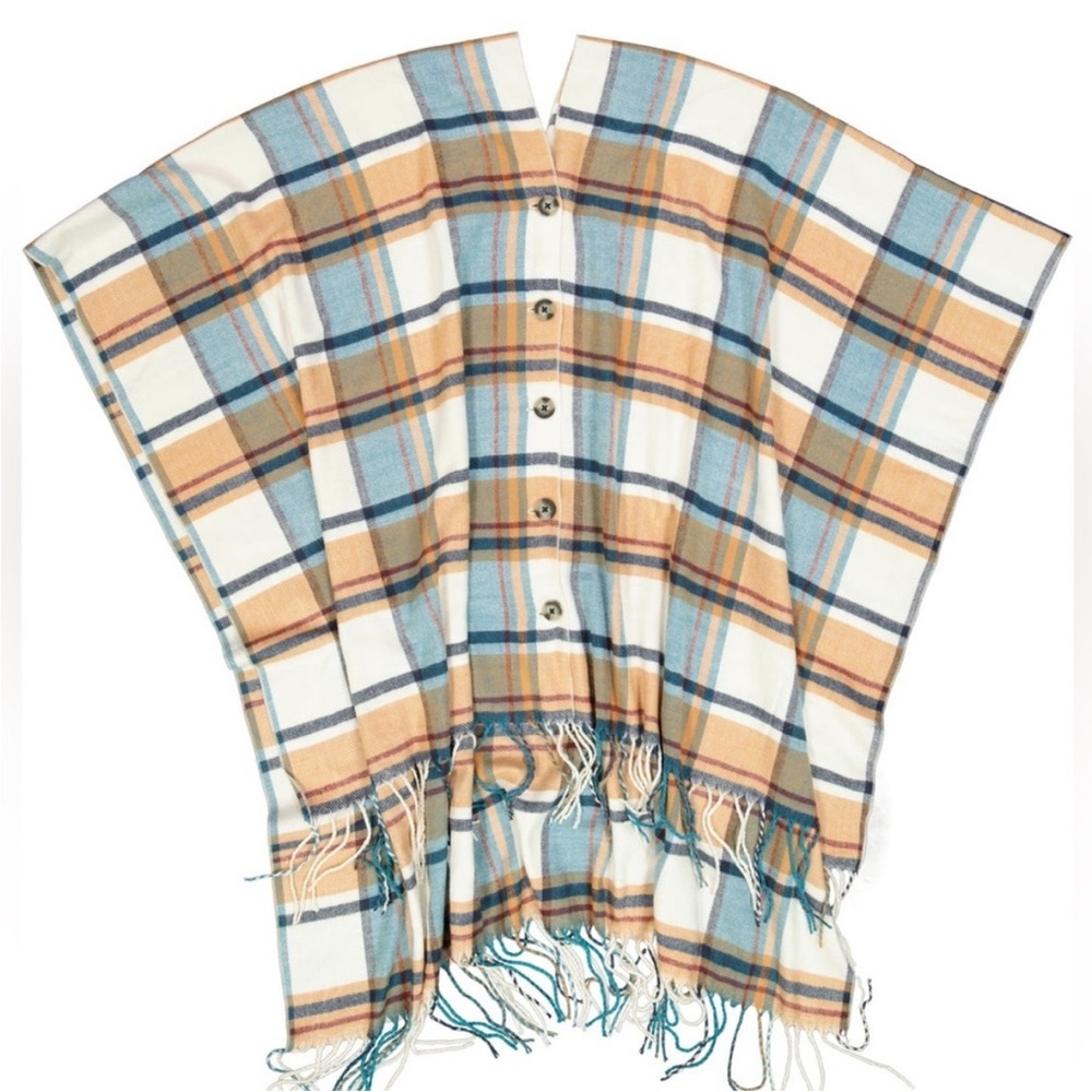 Matilda Jane Plaid Cream Blue Button Down Paige Ruana Shawl Poncho OS one size - Picture 2 of 10